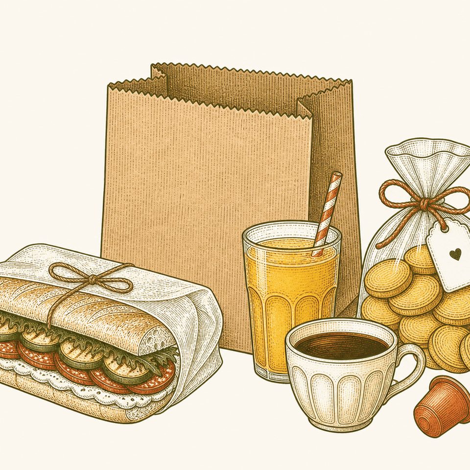Sacola do Lanche to go com sanduíche, suco, bolachinhas e café.