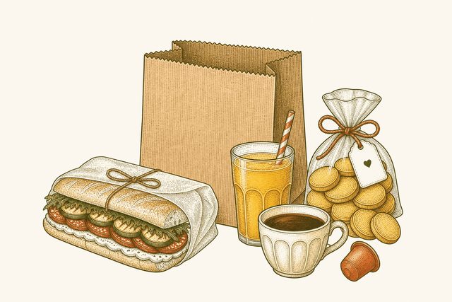 Sacola do Lanche to go com sanduíche embrulhado, copo de suco, saquinho de bolachinhas e xícara de café.
