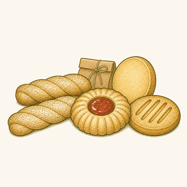 Ilustração de bolachinhas caseiras reunidas: dois palitos trançados com gergelim, uma redonda com geleia no centro, uma canelada e uma lisa, ao lado de um pacotinho de papel amarrado com barbante.