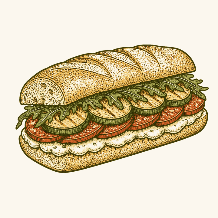 Ilustração de um sanduíche em pão baguete rústico com queijo, salame, abobrinha grelhada e folhas verdes.