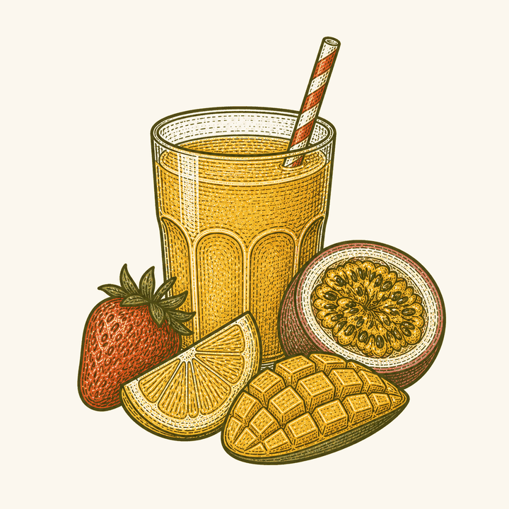 Ilustração de um copo de suco com canudo listrado, cercado por morango, limão-siciliano, maracujá e manga.