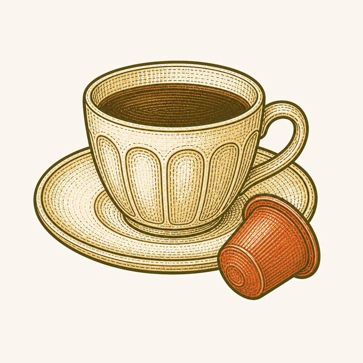 Ilustração de uma xícara de café sobre pires, com uma cápsula de café deitada ao lado.